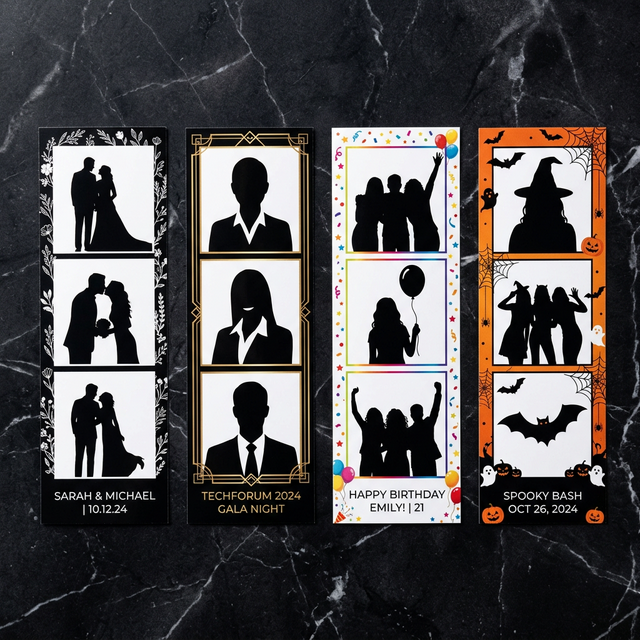 Sample custom photo booth print borders for different event types